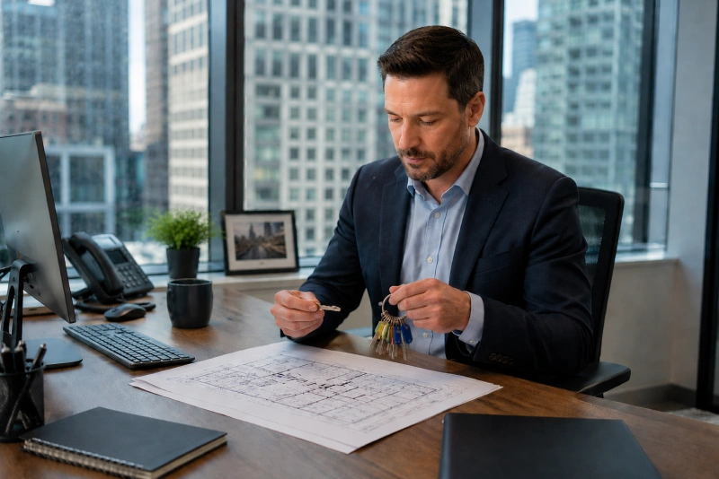 Property manager reviewing a master key system and building access plan at a desk in a modern New York City commercial office